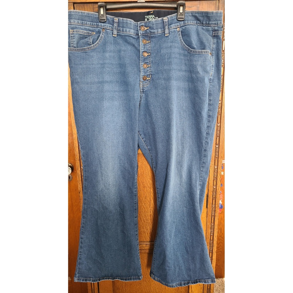 Terra & Sky Womens 24W Flare Leg Jeans Blue Button Fly High Rise Denim Pants